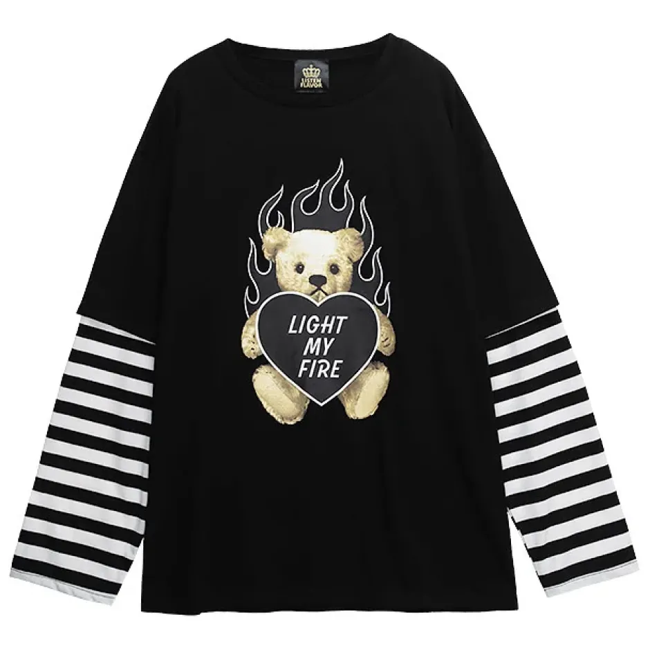 LISTEN FLAVOR Fire Heart Bear Layered-Style Long Sleeve T-Shirt Online