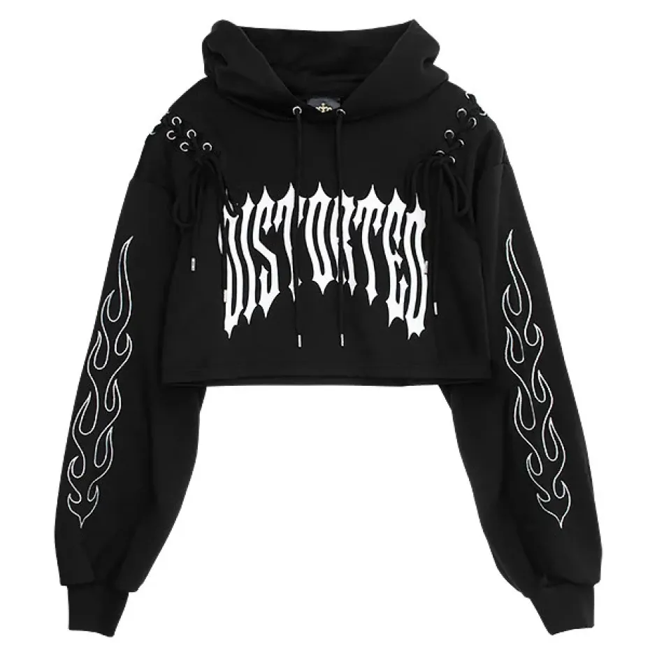 LISTEN FLAVOR Fire Sleeve Lace-Up Cropped Hoodie Online