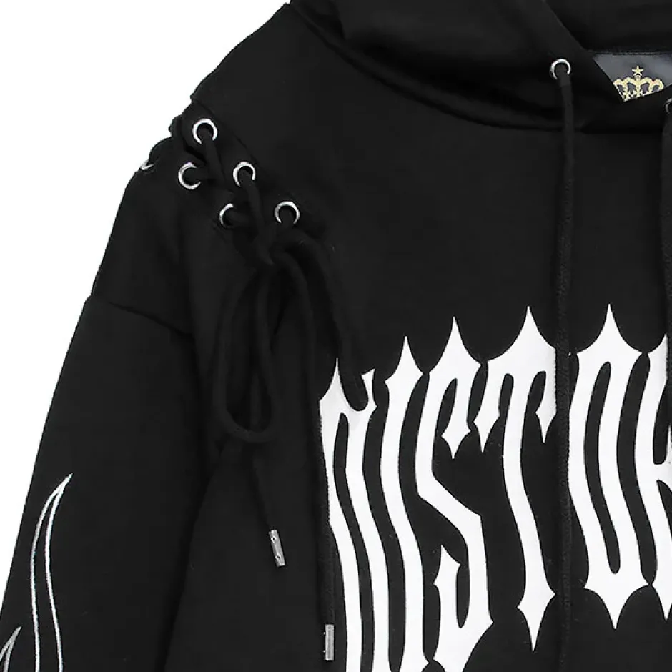 LISTEN FLAVOR Fire Sleeve Lace-Up Cropped Hoodie Online