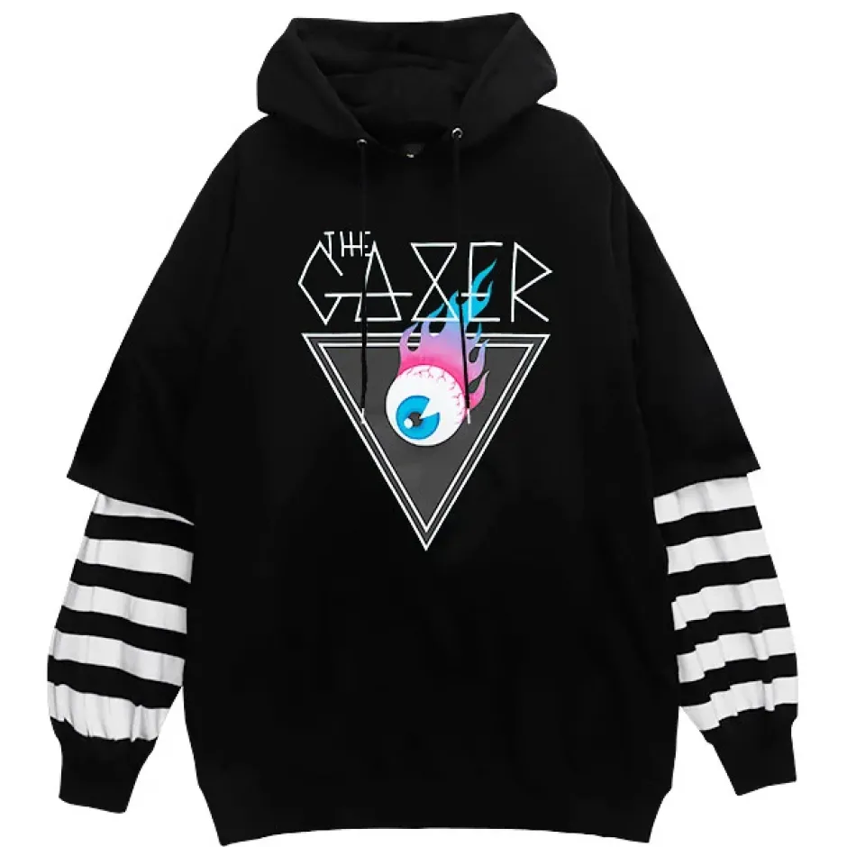 Jackets & Hoodies>LISTEN FLAVOR Flame Eye Layered-Style Hoodie