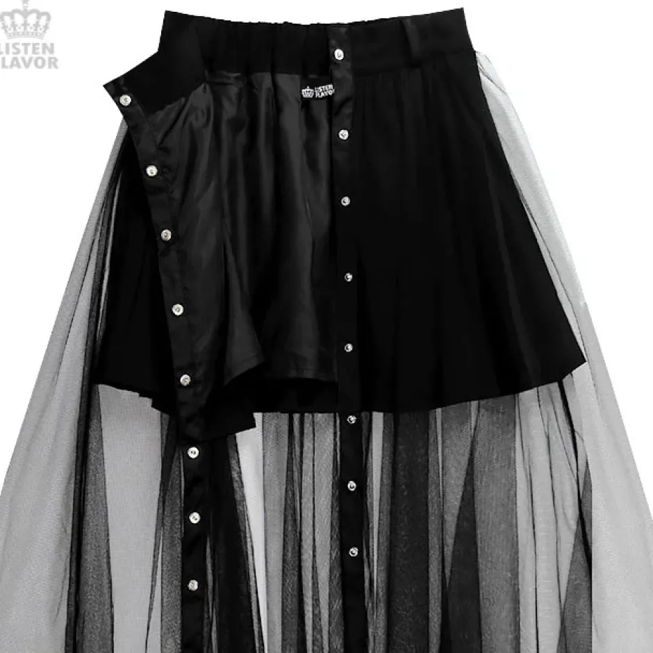 LISTEN FLAVOR Front Snap Tulle Long Skirt Online