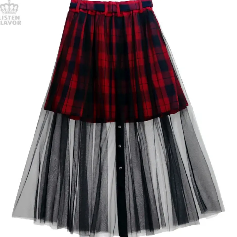 LISTEN FLAVOR Front Snap Tulle Long Skirt Online