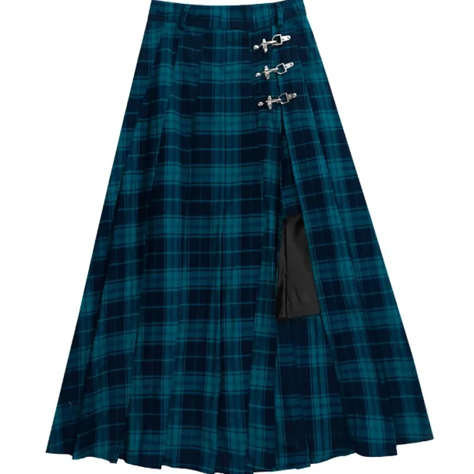 LISTEN FLAVOR Green Plaid Fire Buckle Layered-Style Pleated Skirt Online