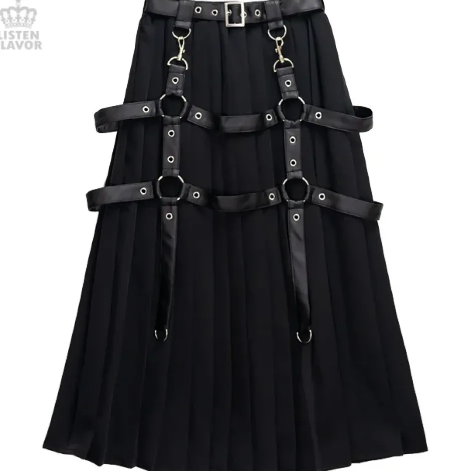 LISTEN FLAVOR Harness Pleated Long Skirt Clearance