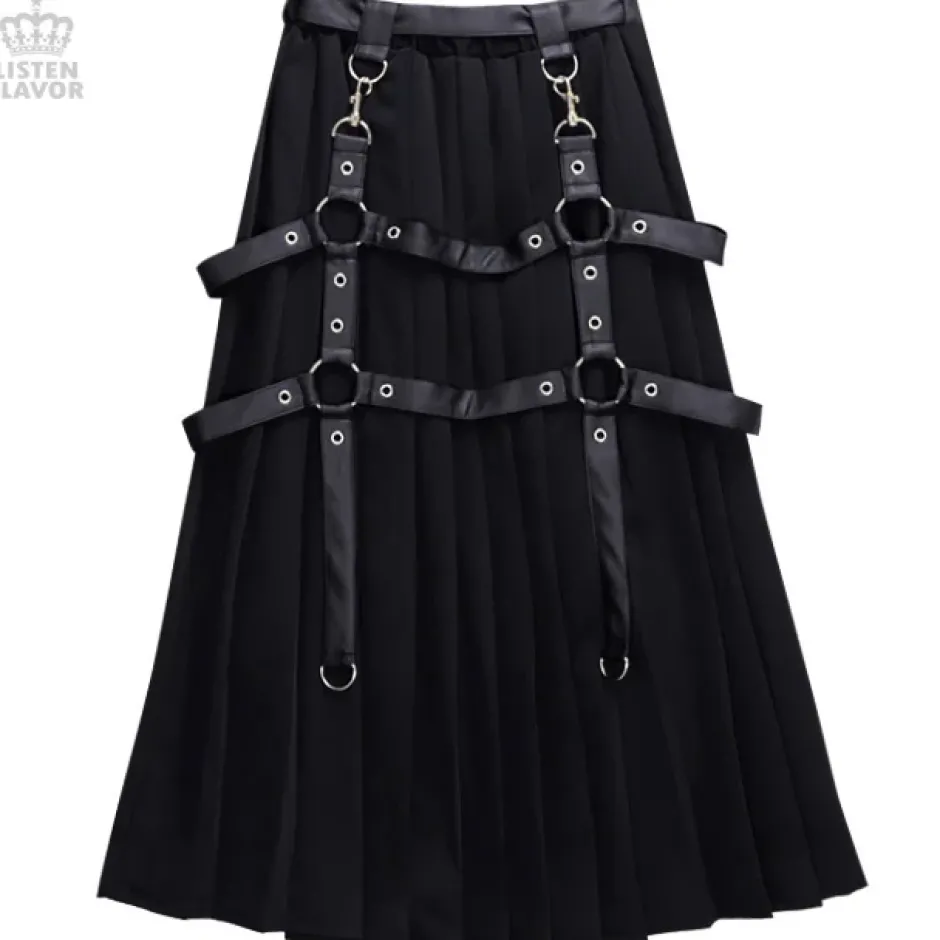 LISTEN FLAVOR Harness Pleated Long Skirt Clearance