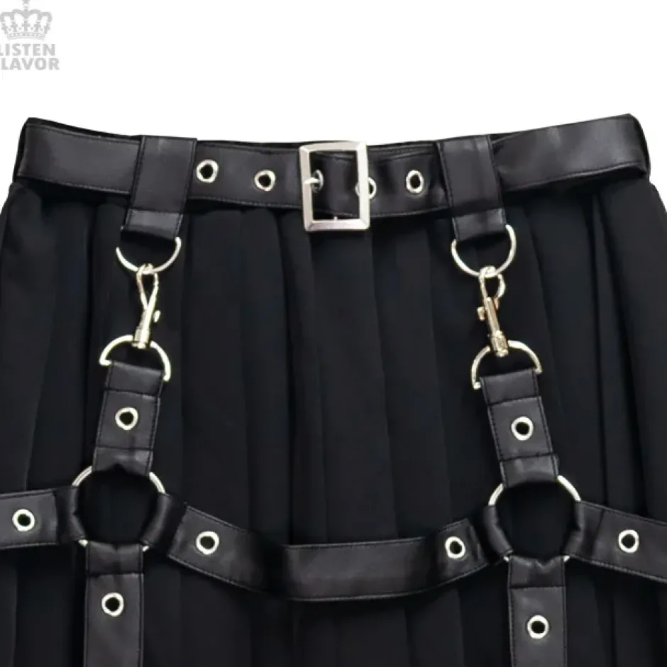 LISTEN FLAVOR Harness Pleated Long Skirt Clearance