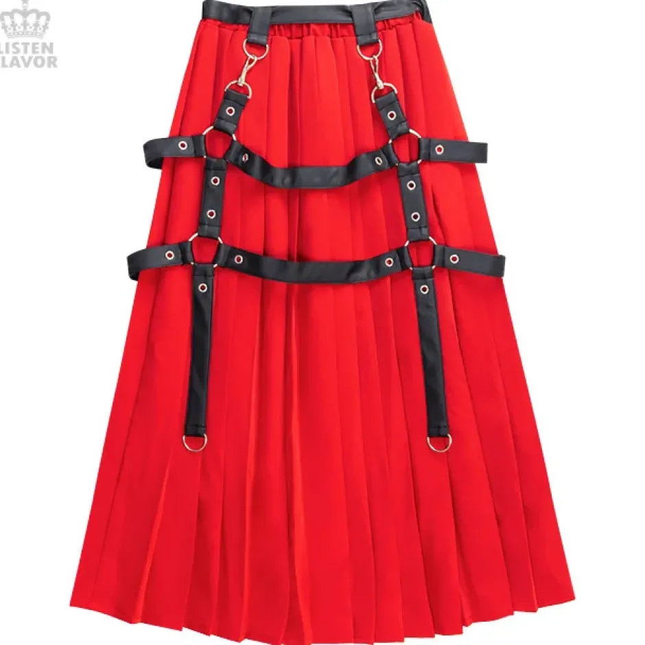 LISTEN FLAVOR Harness Pleated Long Skirt Clearance