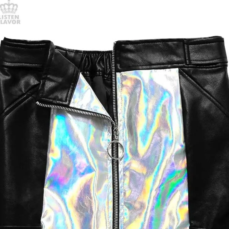 LISTEN FLAVOR Holographic Faux Leather Trapezoid Skirt Sale