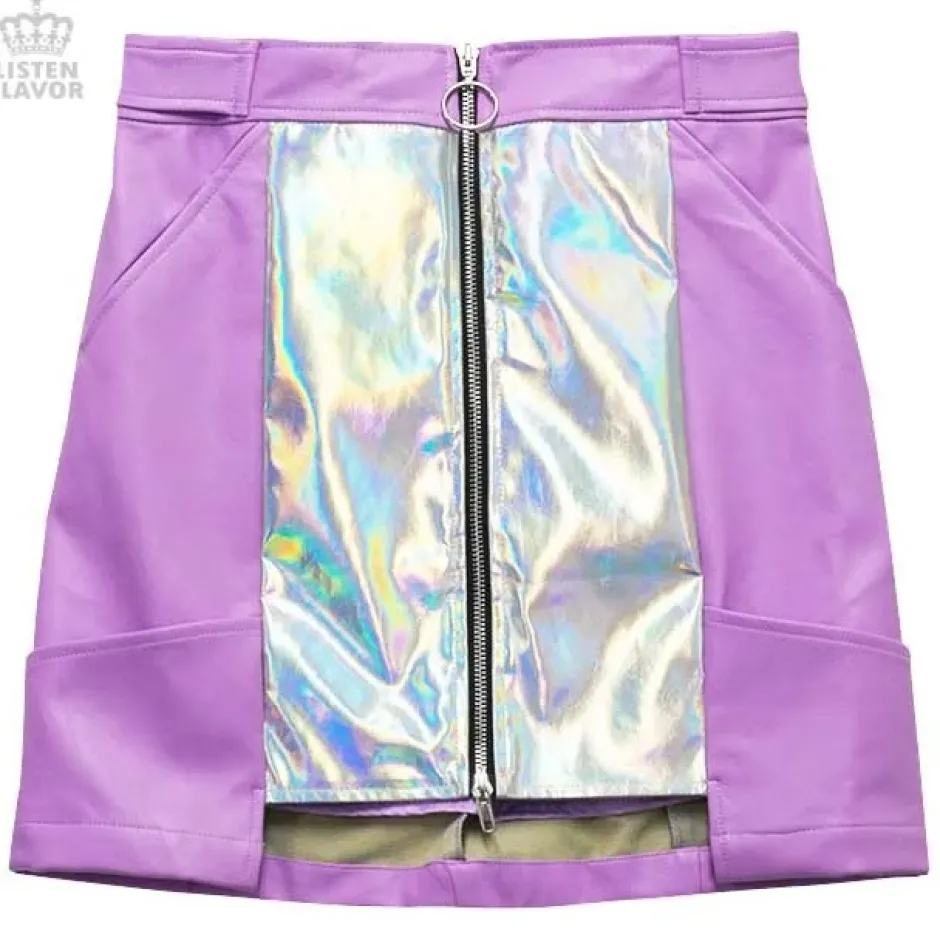 LISTEN FLAVOR Holographic Faux Leather Trapezoid Skirt Sale