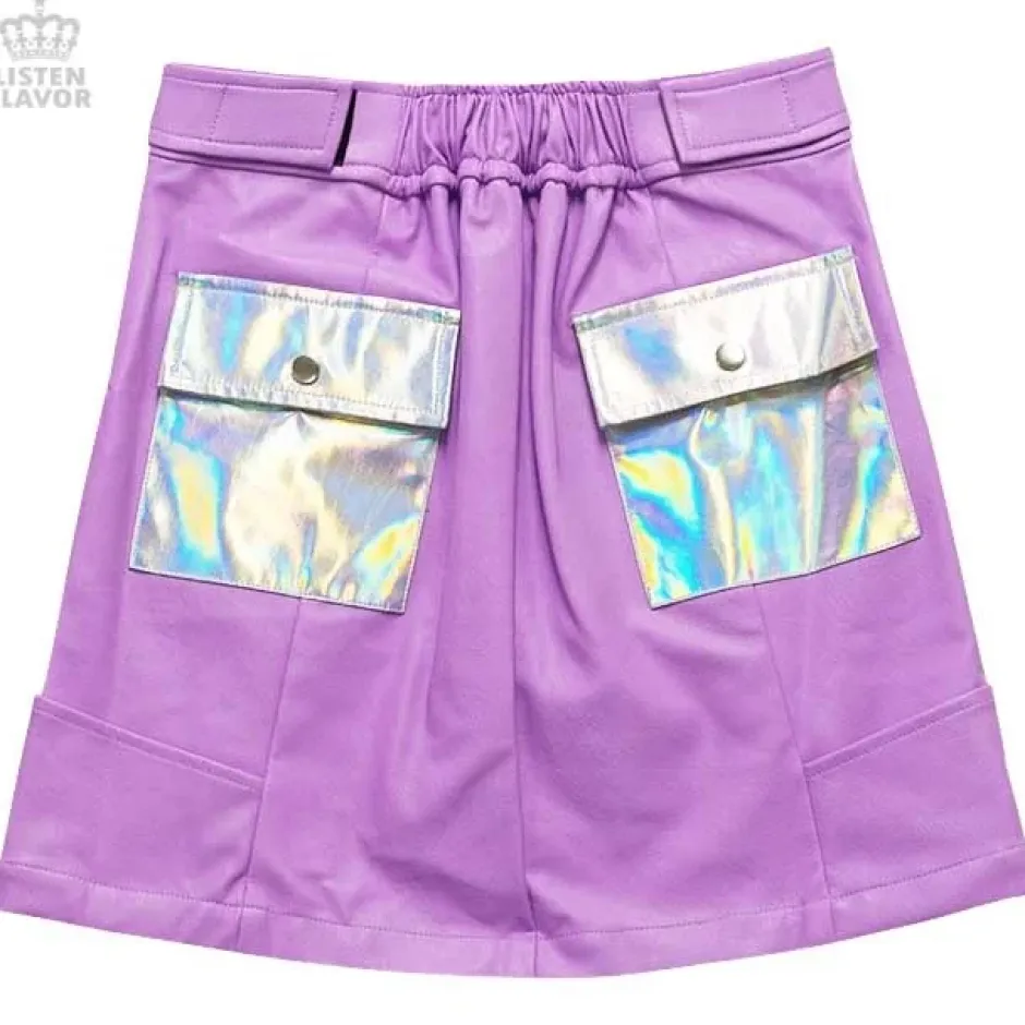 LISTEN FLAVOR Holographic Faux Leather Trapezoid Skirt Sale