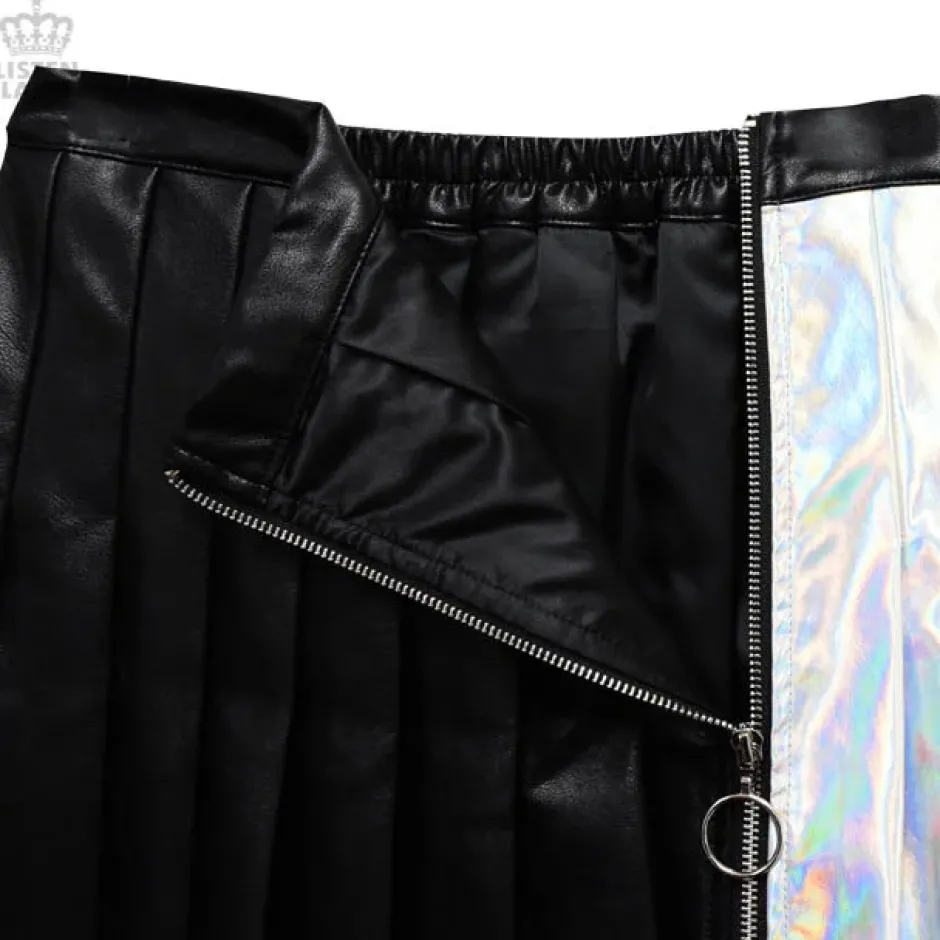 Bottoms>LISTEN FLAVOR Holographic Two-Tone Pleated Skirt