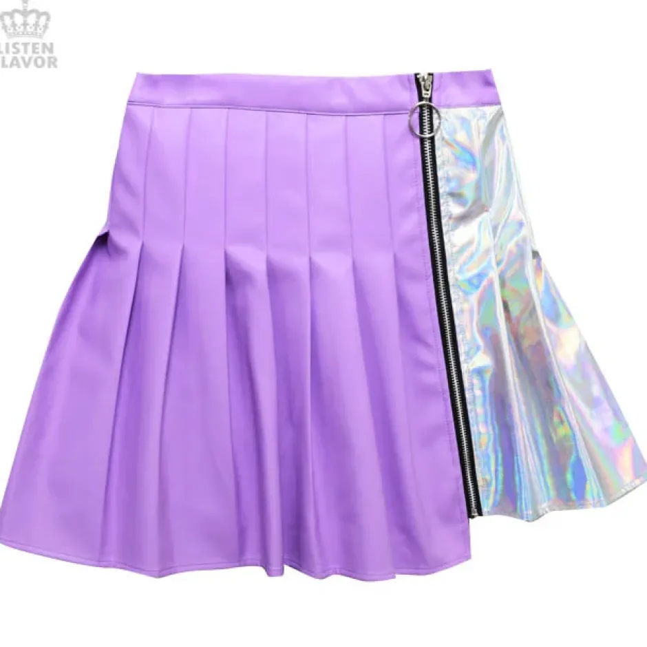 Bottoms>LISTEN FLAVOR Holographic Two-Tone Pleated Skirt