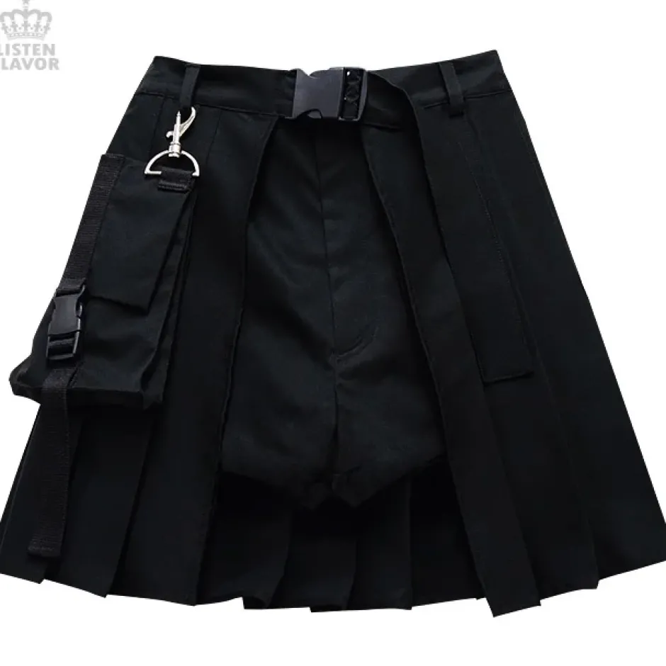 LISTEN FLAVOR Layered Pleated Flap Skirt w/ Shorts and Detachable Pocket New