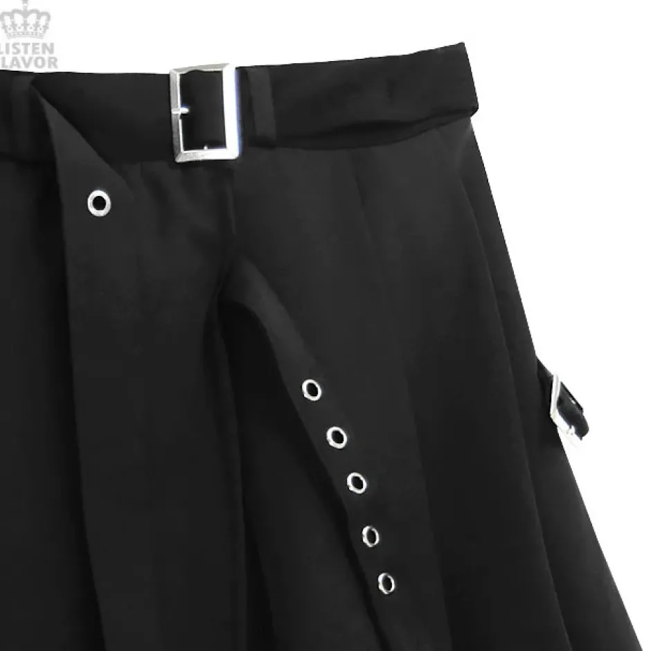 LISTEN FLAVOR Layered Style Asymmetrical Pleated Long Skirt w/ Belt