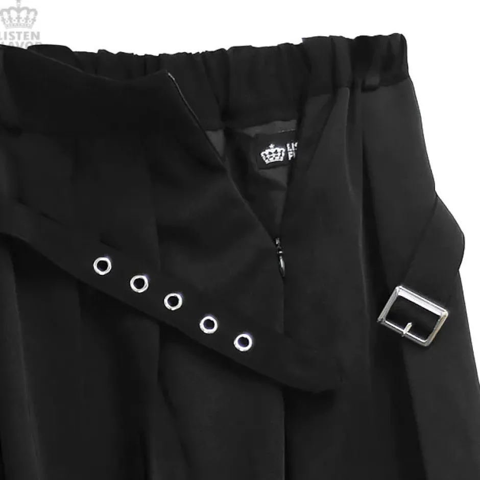 LISTEN FLAVOR Layered Style Asymmetrical Pleated Long Skirt w/ Belt