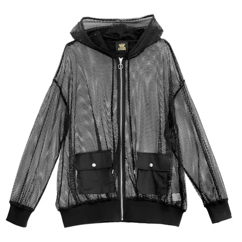 Jackets & Hoodies>LISTEN FLAVOR Mesh See-Though Zip Hoodie