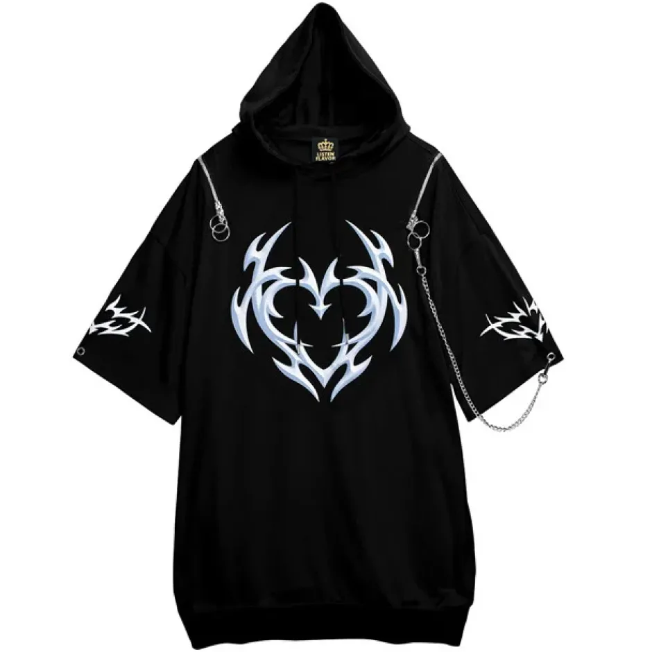 Jackets & Hoodies>LISTEN FLAVOR Metal Heart Shoulder Zip Chain Short Sleeve Hoodie