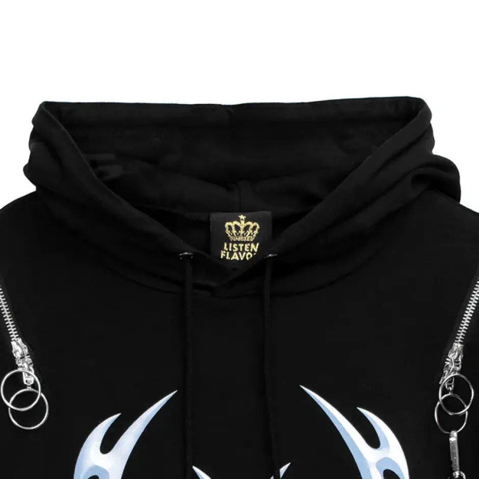 Jackets & Hoodies>LISTEN FLAVOR Metal Heart Shoulder Zip Chain Short Sleeve Hoodie