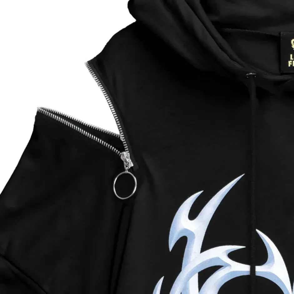 Jackets & Hoodies>LISTEN FLAVOR Metal Heart Shoulder Zip Chain Short Sleeve Hoodie