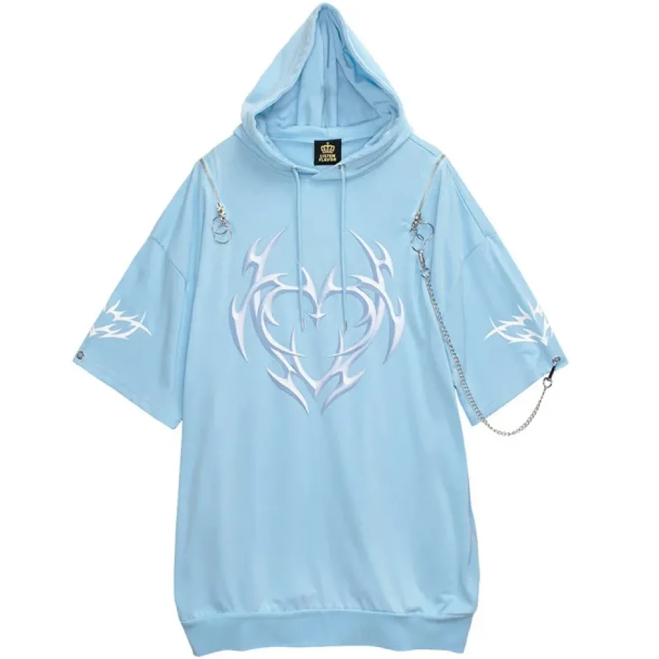 Jackets & Hoodies>LISTEN FLAVOR Metal Heart Shoulder Zip Chain Short Sleeve Hoodie