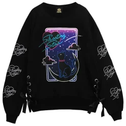 Jackets & Hoodies>LISTEN FLAVOR Moonlit Night Black Cat Lace-Up Pullover