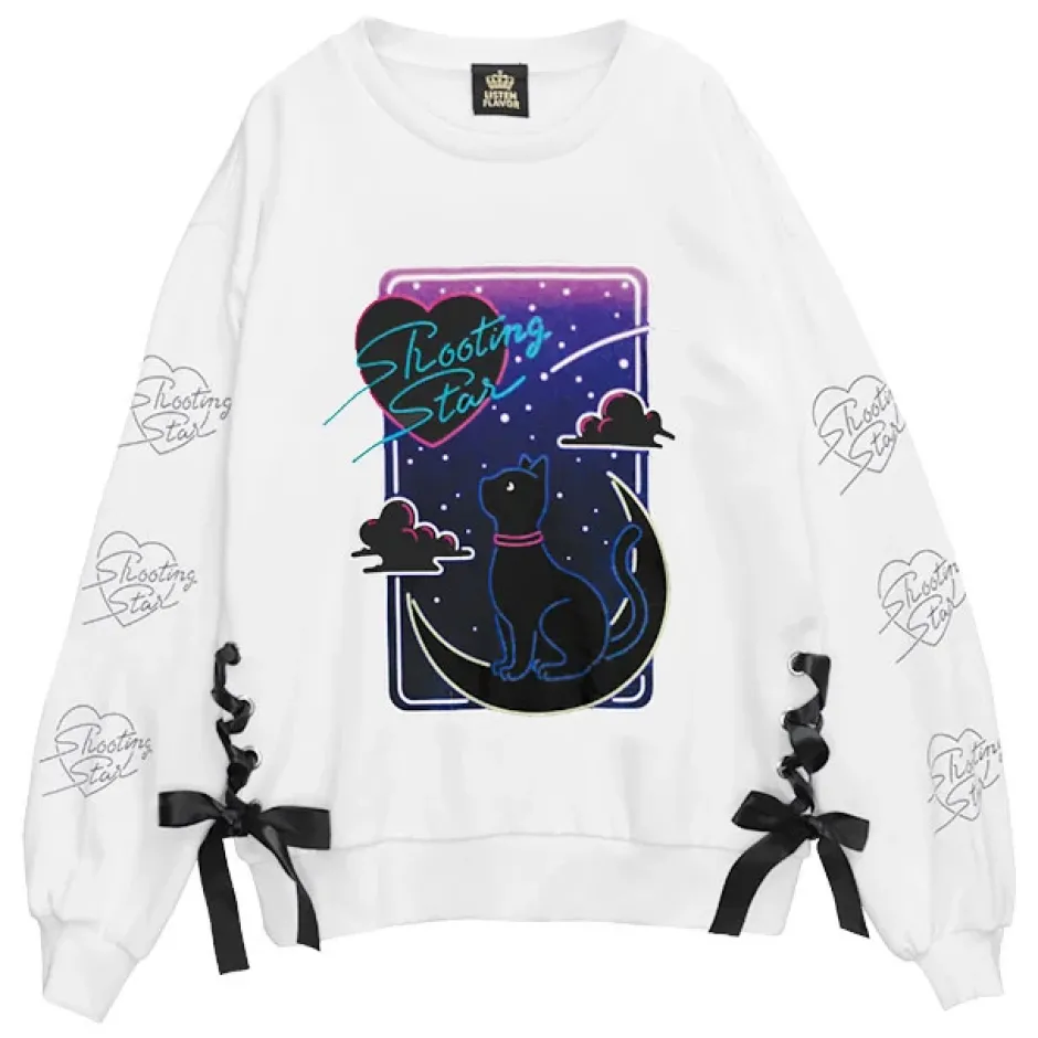 Jackets & Hoodies>LISTEN FLAVOR Moonlit Night Black Cat Lace-Up Pullover