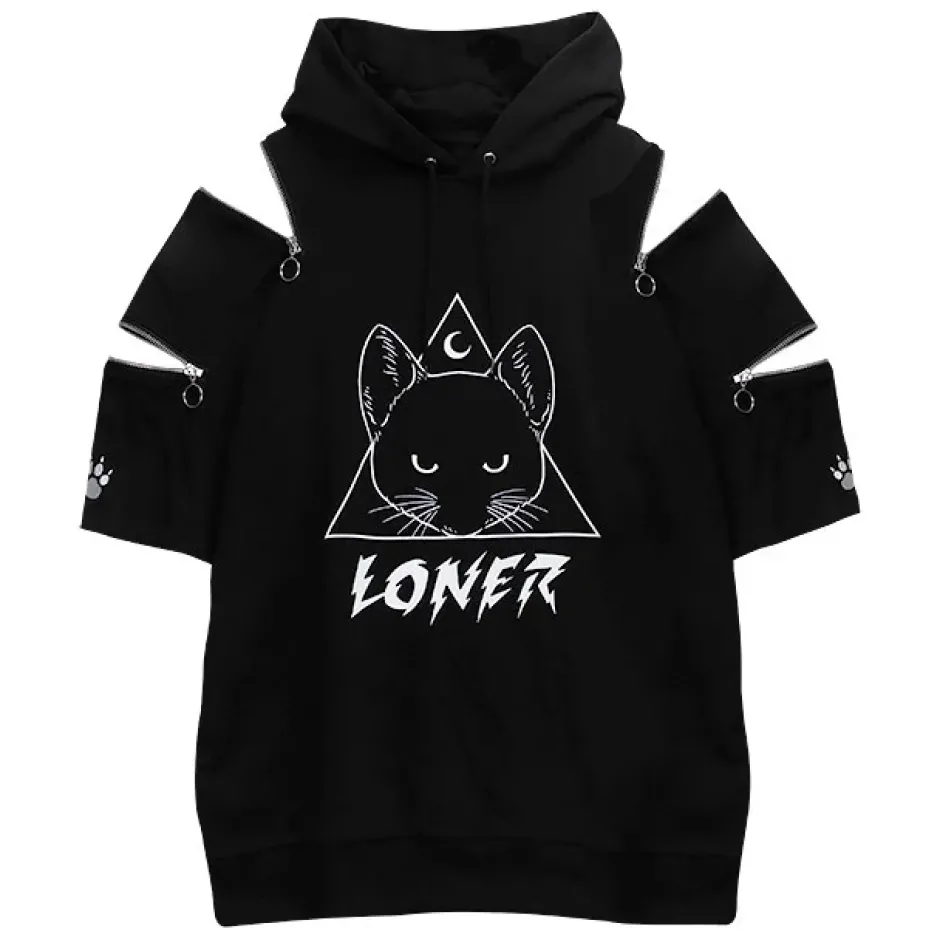 Jackets & Hoodies>LISTEN FLAVOR Mystery Cat Zip Design Hoodie