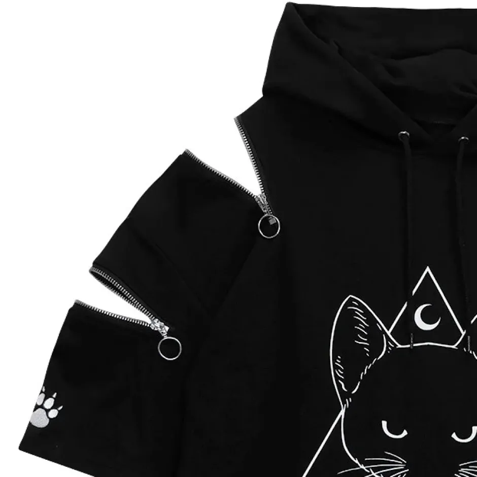 Jackets & Hoodies>LISTEN FLAVOR Mystery Cat Zip Design Hoodie