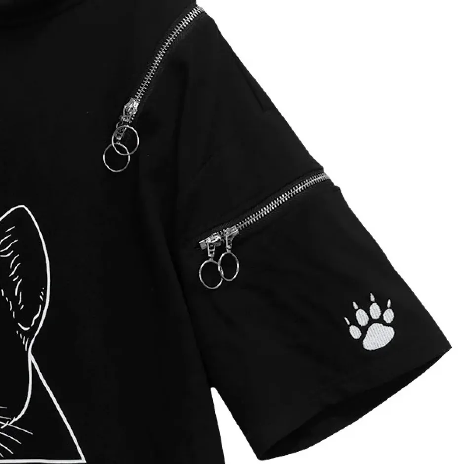 Jackets & Hoodies>LISTEN FLAVOR Mystery Cat Zip Design Hoodie