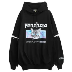 Jackets & Hoodies>LISTEN FLAVOR Paranoia Cat Ring Sleeve Hoodie