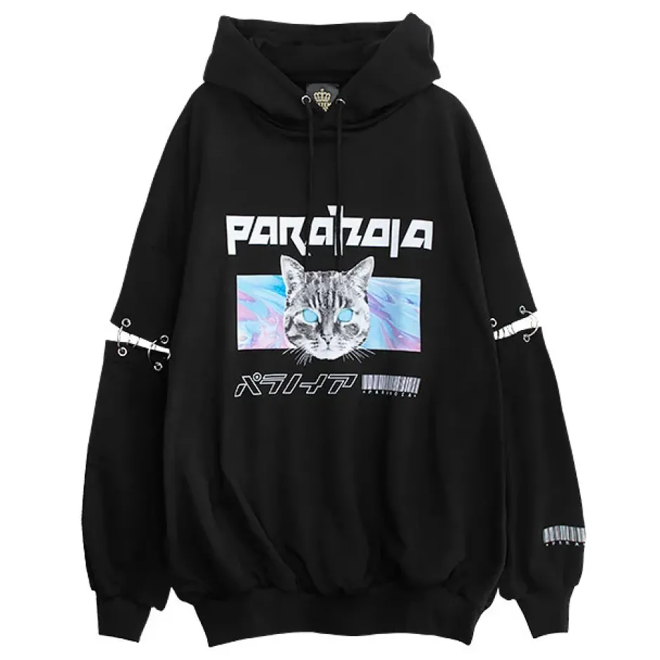 Jackets & Hoodies>LISTEN FLAVOR Paranoia Cat Ring Sleeve Hoodie