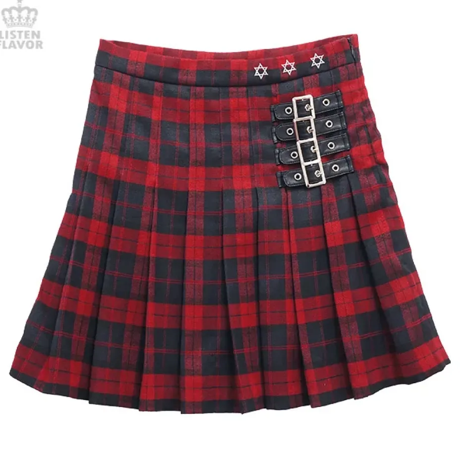 LISTEN FLAVOR Pleated Plaid Skirt w/ Side Belts
