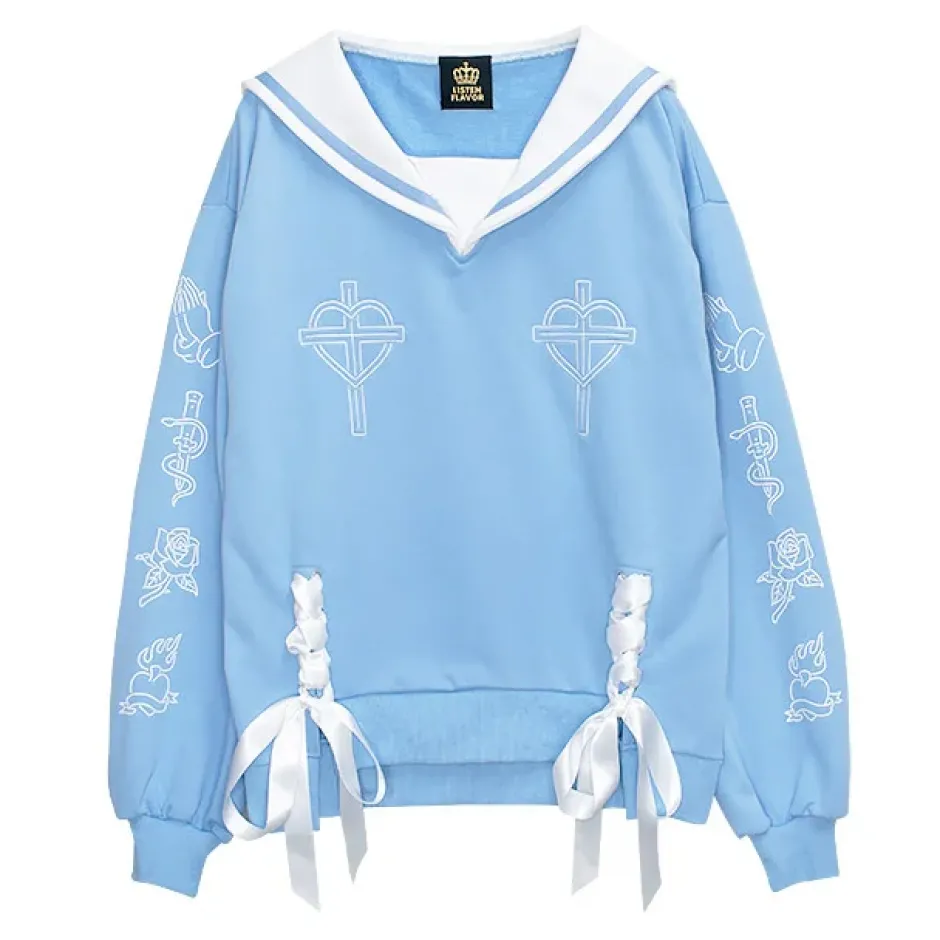Tops>LISTEN FLAVOR Prayer Lace-Up Sailor Top