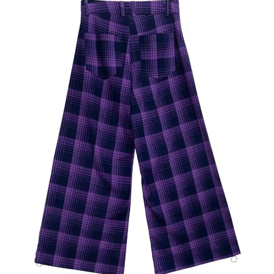 LISTEN FLAVOR Purple Plaid Fire Embroidered Zip Slit Wide Pants Best