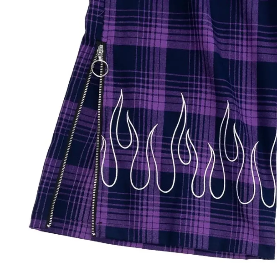 LISTEN FLAVOR Purple Plaid Fire Embroidered Zip Slit Wide Pants Best