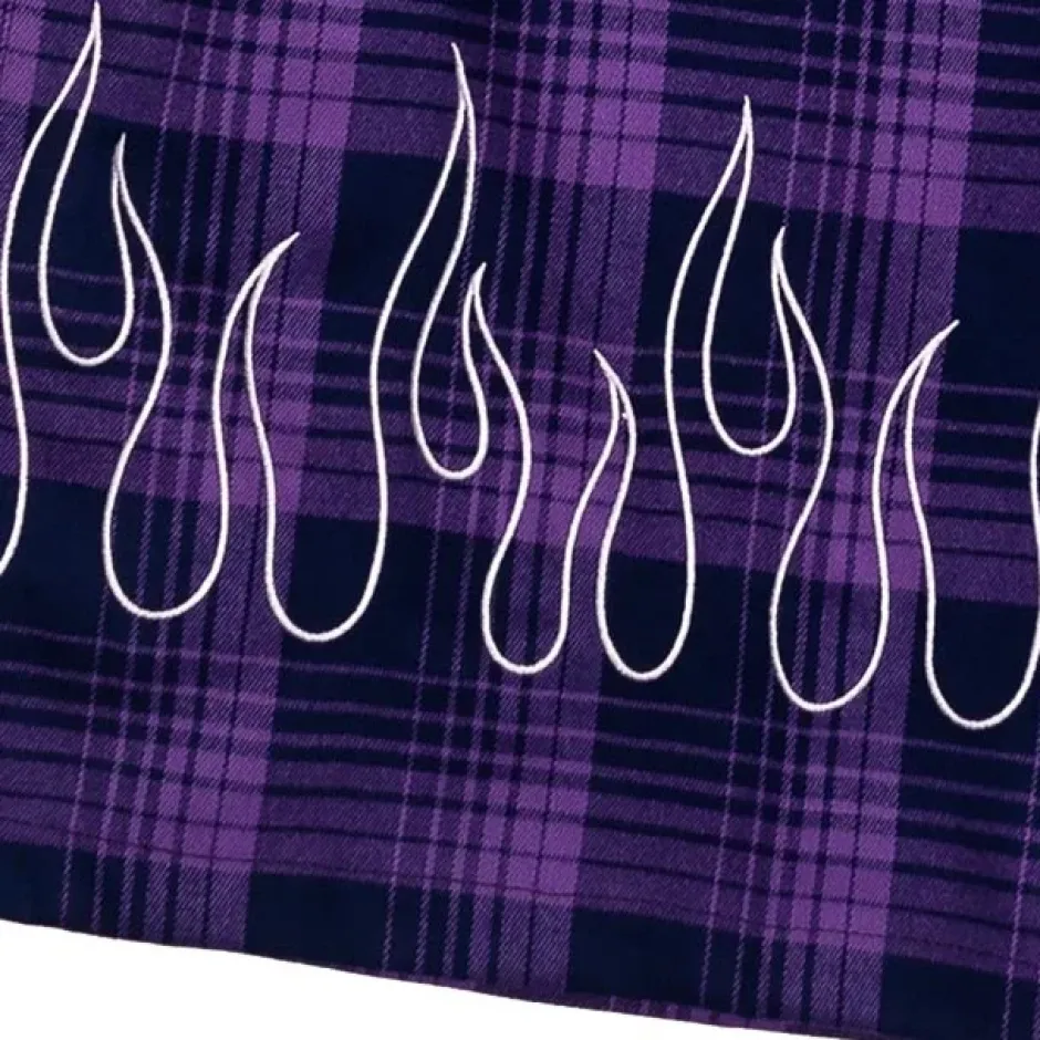 LISTEN FLAVOR Purple Plaid Fire Embroidered Zip Slit Wide Pants Best