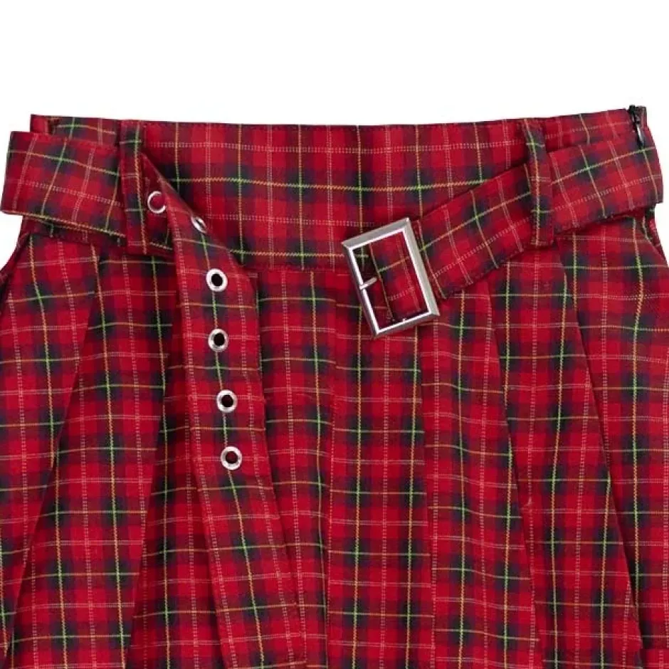 Bottoms>LISTEN FLAVOR Red Plaid Pleated Mini Skirt w/ Belt