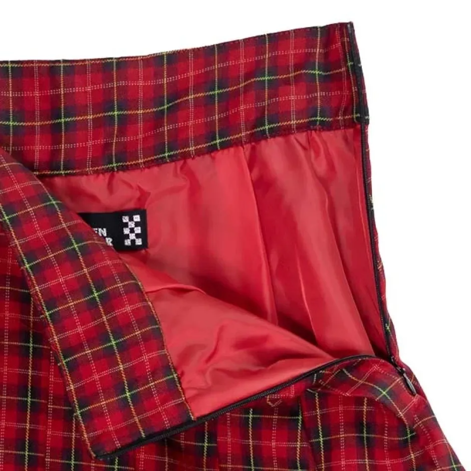 Bottoms>LISTEN FLAVOR Red Plaid Pleated Mini Skirt w/ Belt