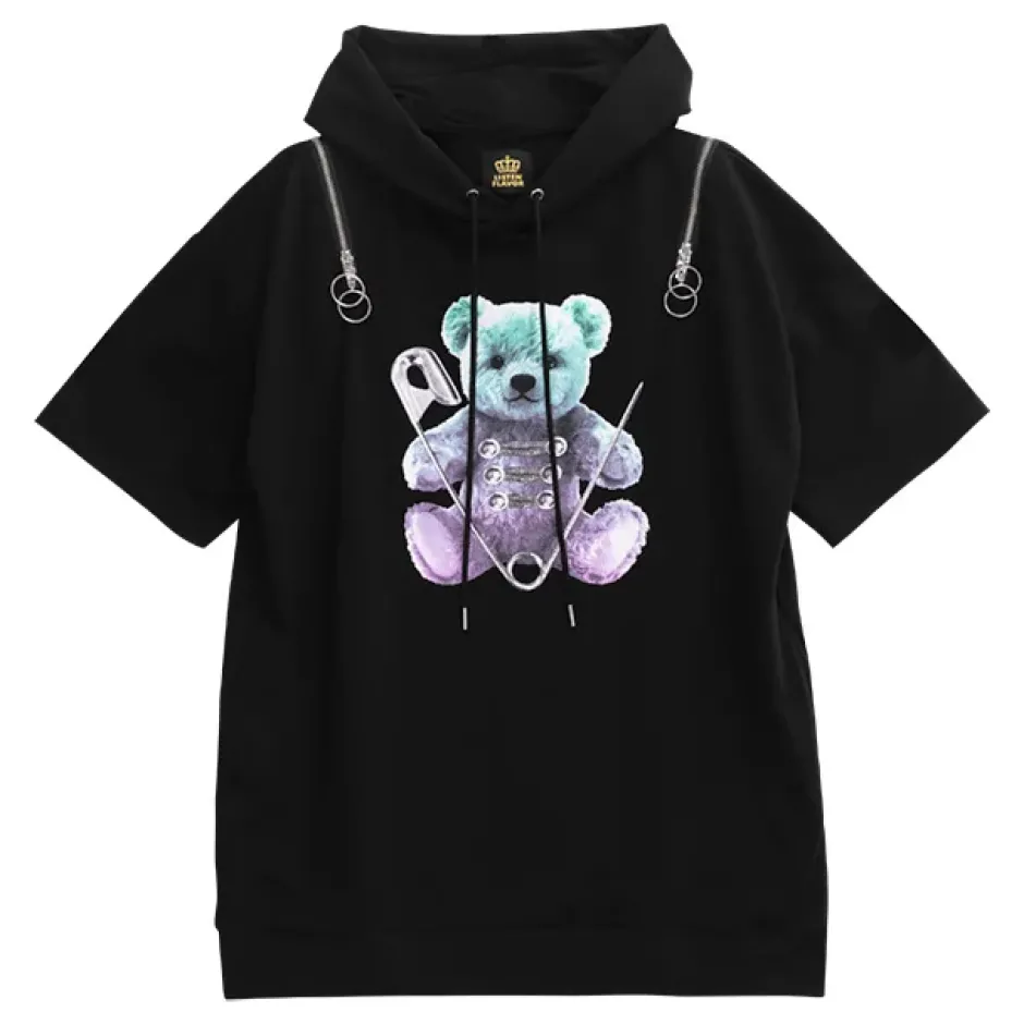 Jackets & Hoodies>LISTEN FLAVOR Safety Pin Bear Shoulder Zip Short Sleeve Hoodie