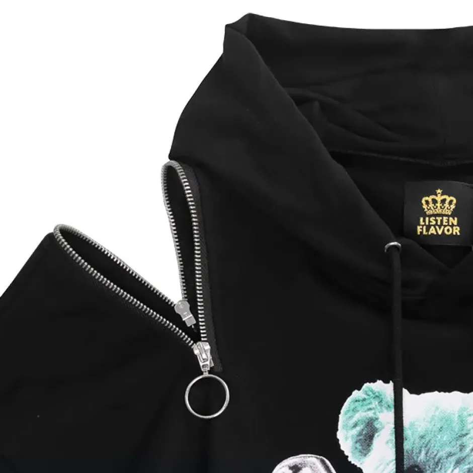 Jackets & Hoodies>LISTEN FLAVOR Safety Pin Bear Shoulder Zip Short Sleeve Hoodie