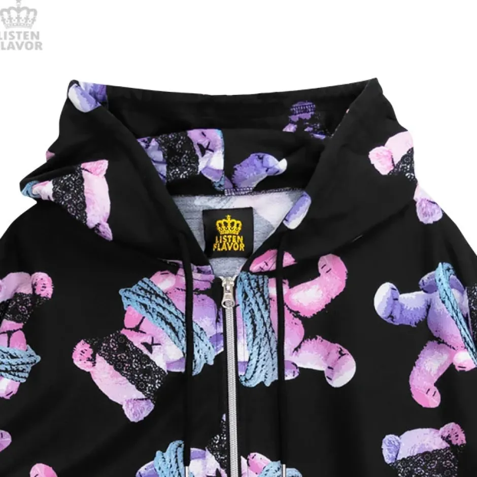 LISTEN FLAVOR Seized Bear Zip-Up Hoodie Online