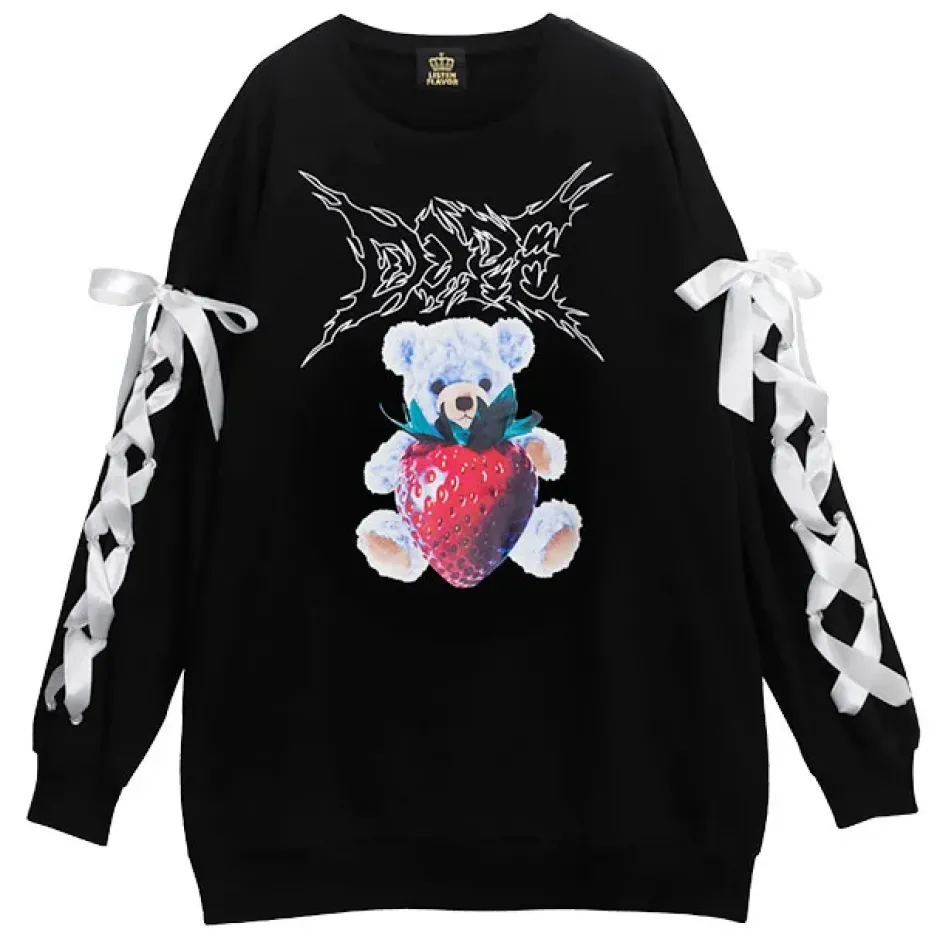 LISTEN FLAVOR Strawberry Bear Lace-Up Sleeve Pullover Online