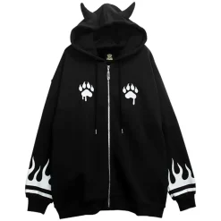 Jackets & Hoodies>LISTEN FLAVOR Tiger and Fire Horn Pad Zip Hoodie