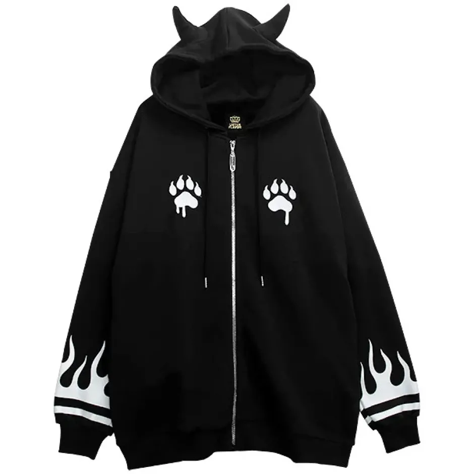 Jackets & Hoodies>LISTEN FLAVOR Tiger and Fire Horn Pad Zip Hoodie