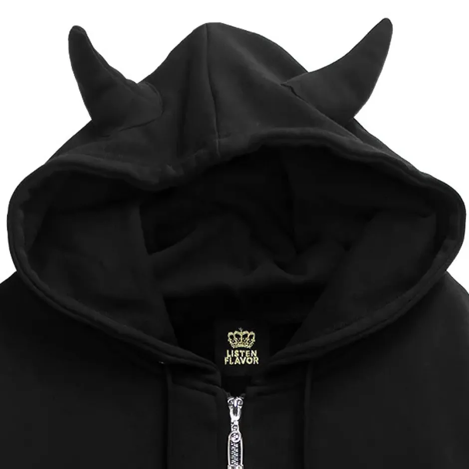 Jackets & Hoodies>LISTEN FLAVOR Tiger and Fire Horn Pad Zip Hoodie