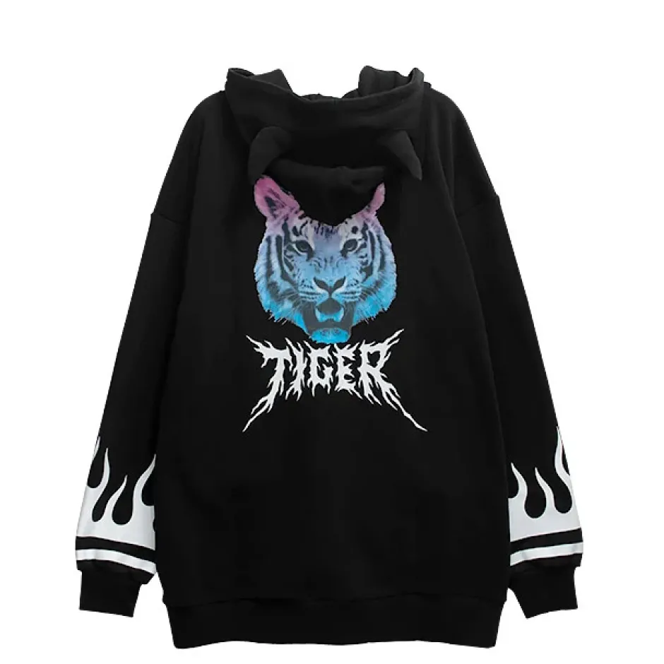 Jackets & Hoodies>LISTEN FLAVOR Tiger and Fire Horn Pad Zip Hoodie