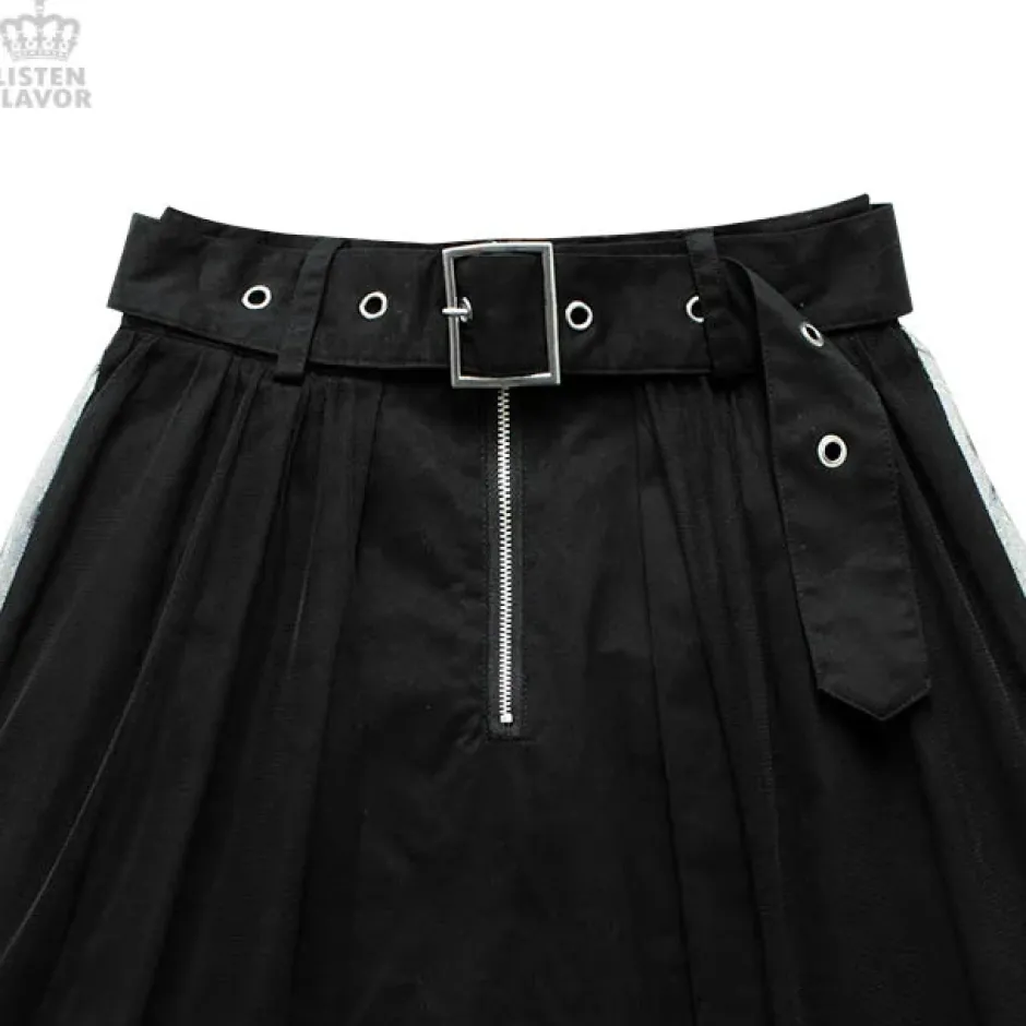 LISTEN FLAVOR Tulle Pleated Mini Skirt w/ Belt Hot