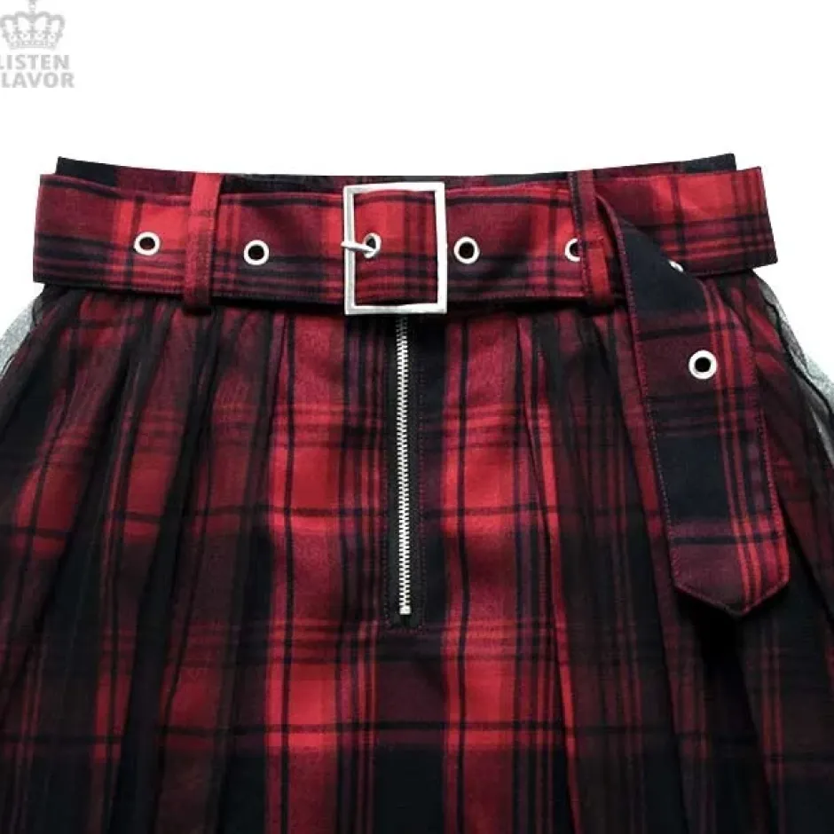 LISTEN FLAVOR Tulle Pleated Mini Skirt w/ Belt Hot