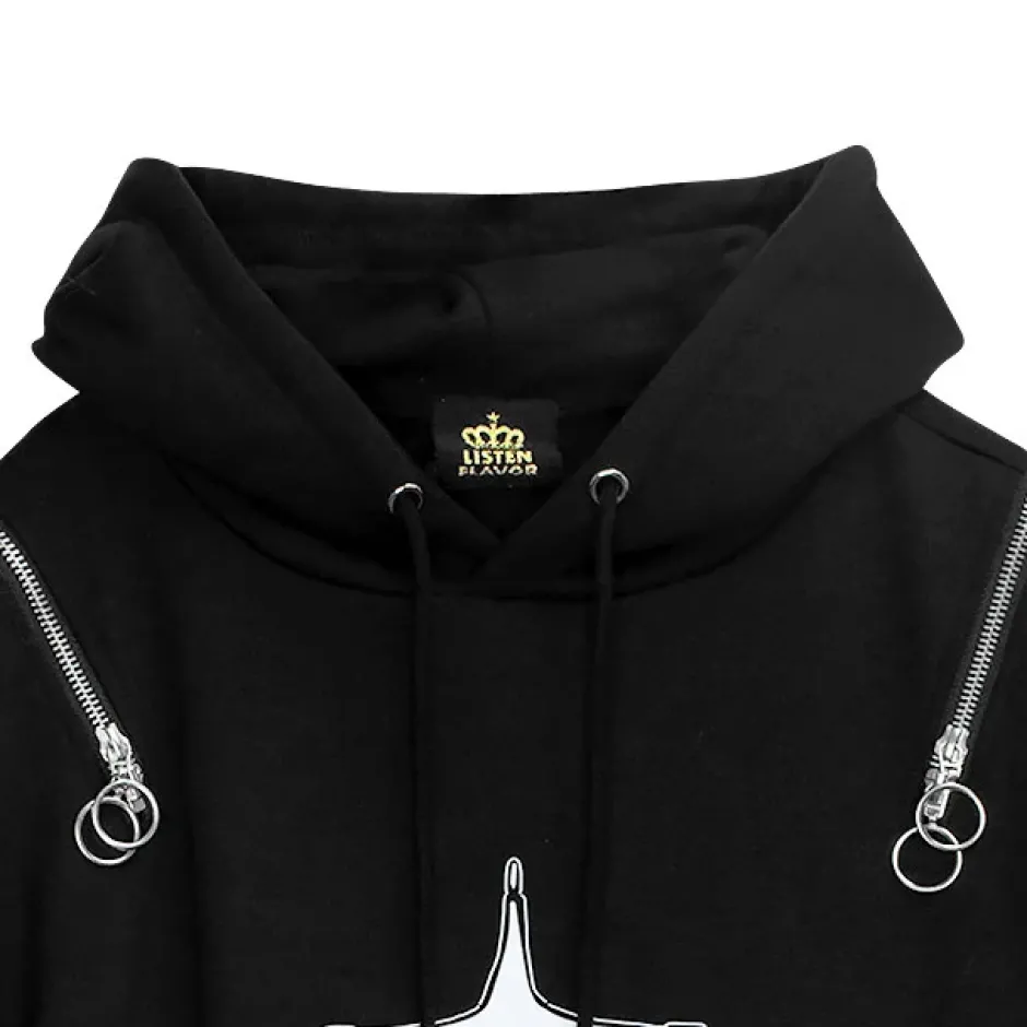 Jackets & Hoodies>LISTEN FLAVOR x Kaibashira Shoulder Zip Hoodie Black