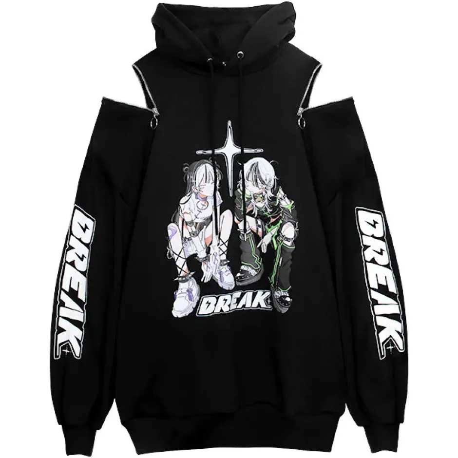 Jackets & Hoodies>LISTEN FLAVOR x Kaibashira Shoulder Zip Hoodie Black
